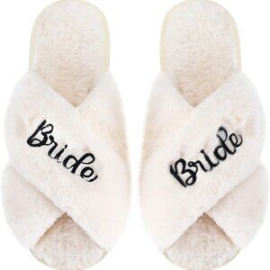Women White Bridal Slippers Plush Open Toe Wedding Gift for Bride Party